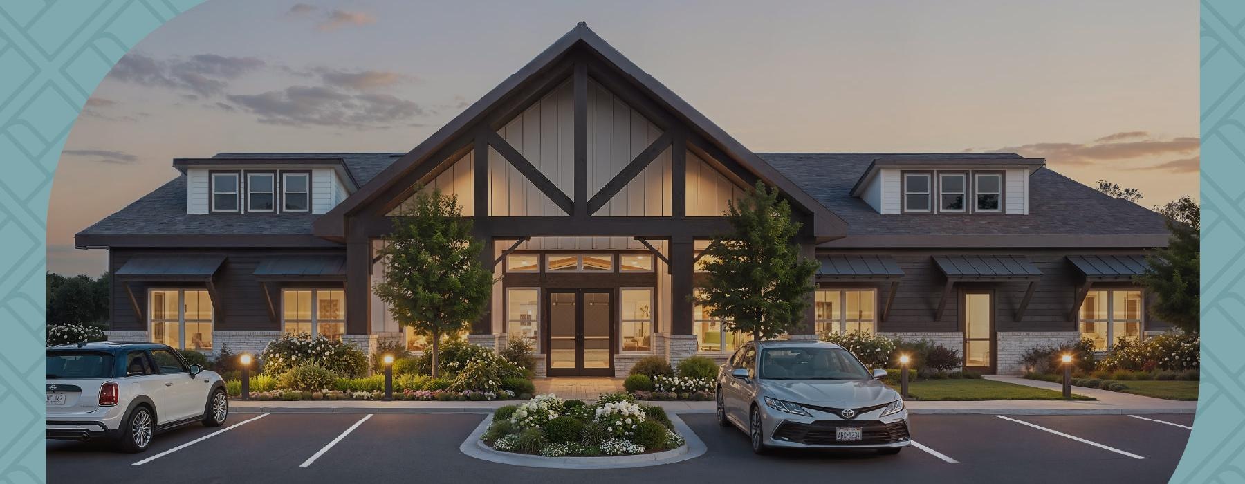 a building with cars parked in front